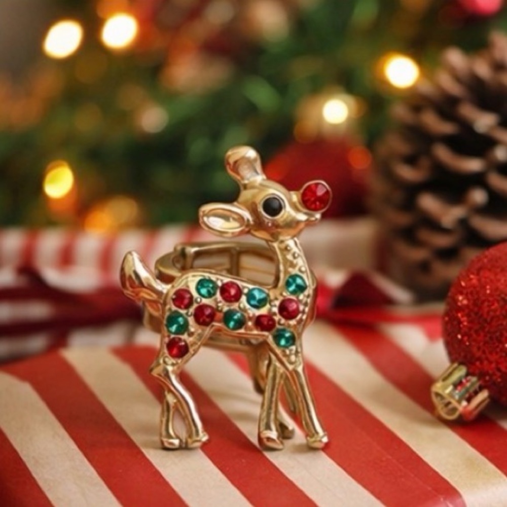 Vintage Christmas Rudolph Stretch Ring Red Green Rhinestone Deer